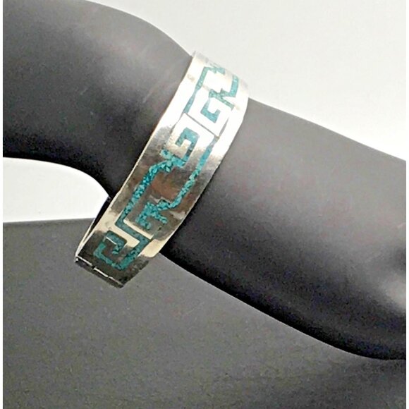 Taxco Sterling Silver Bracelet  Turquoise  Inlay   Hinged Size 6.75 Chunky - Picture 1 of 7